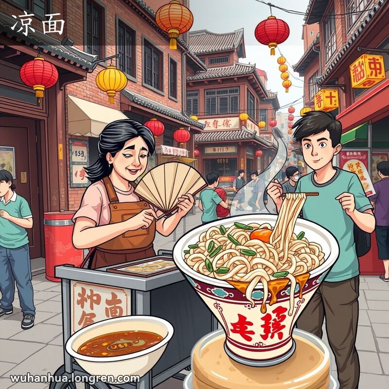 武汉街头小摊前，中年妇女用扇子扇凉面条，年轻男子等待品尝，背景是武汉老街景