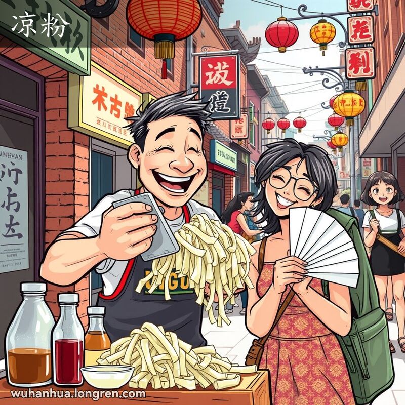 武汉夏日街头，小贩正在制作凉粉，顾客手持小扇子等待，背景是传统建筑和老式招牌。
