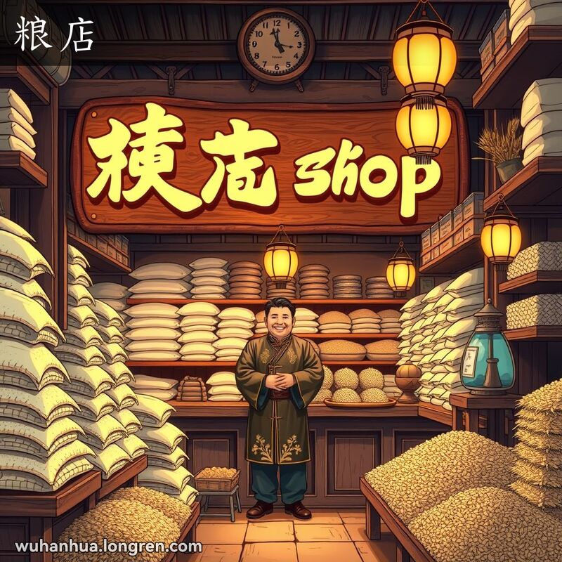 一家传统的武汉粮店，店主微笑迎客，背景是堆满粮食的货架和称重工具