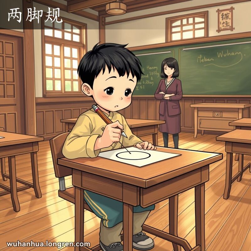 武汉学生在老式教室中使用两脚规绘制圆圈，背景有木地板和大窗户