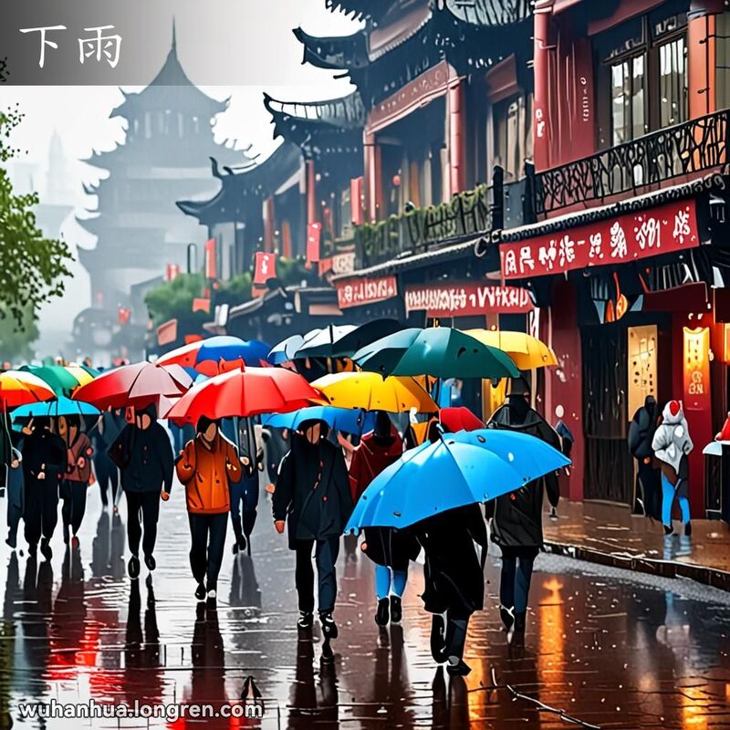 武汉市的一条繁忙街道在下雨天，行人撑着五颜六色的雨伞，孩子们在水坑中跳跃，背景是武汉传统的红砖墙和老式招牌。