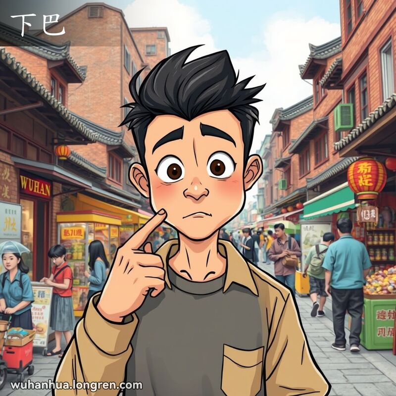 一位年轻男子在武汉街头指着自己的下巴，表情惊讶且充满怀疑，背景是传统街景