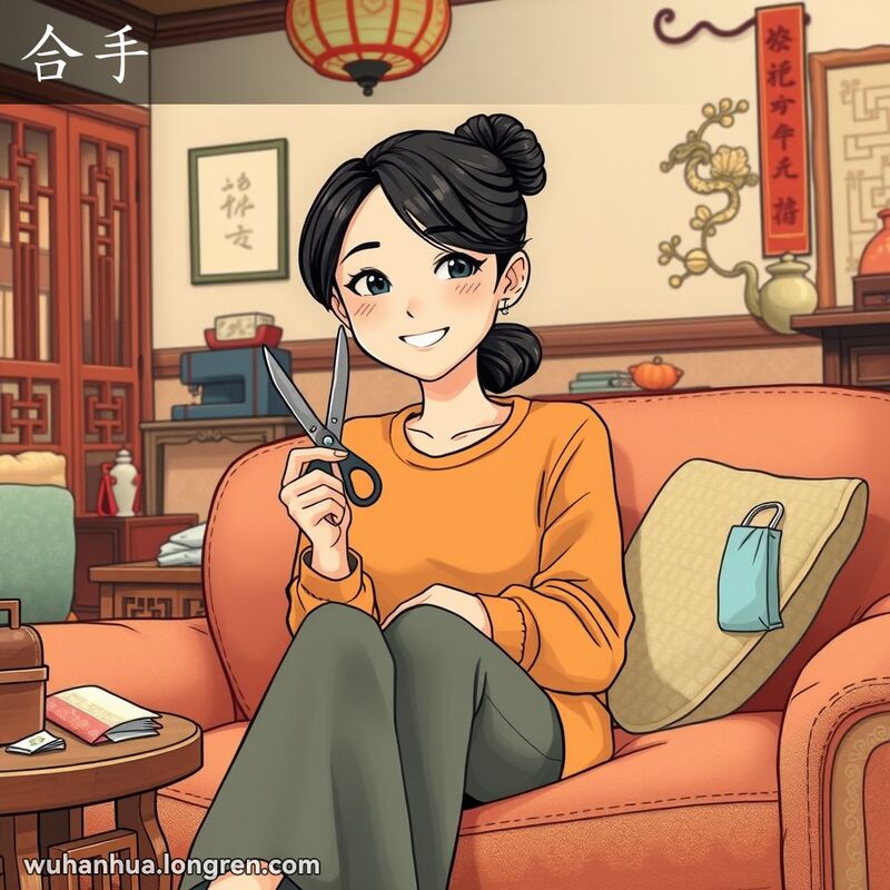 一位年轻女性坐在沙发上，手持剪刀，露出满意的微笑，背景是温馨的武汉家庭客厅