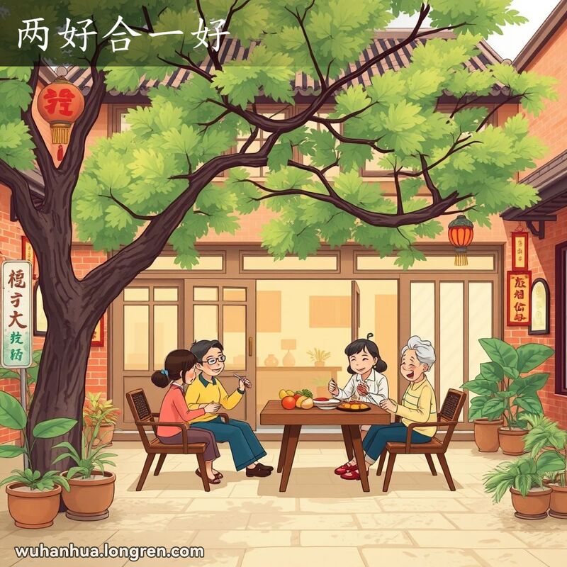 一个幸福的家庭在武汉传统庭院中的宽敞房子里享受生活，展现“两好合一好”的满意表情
