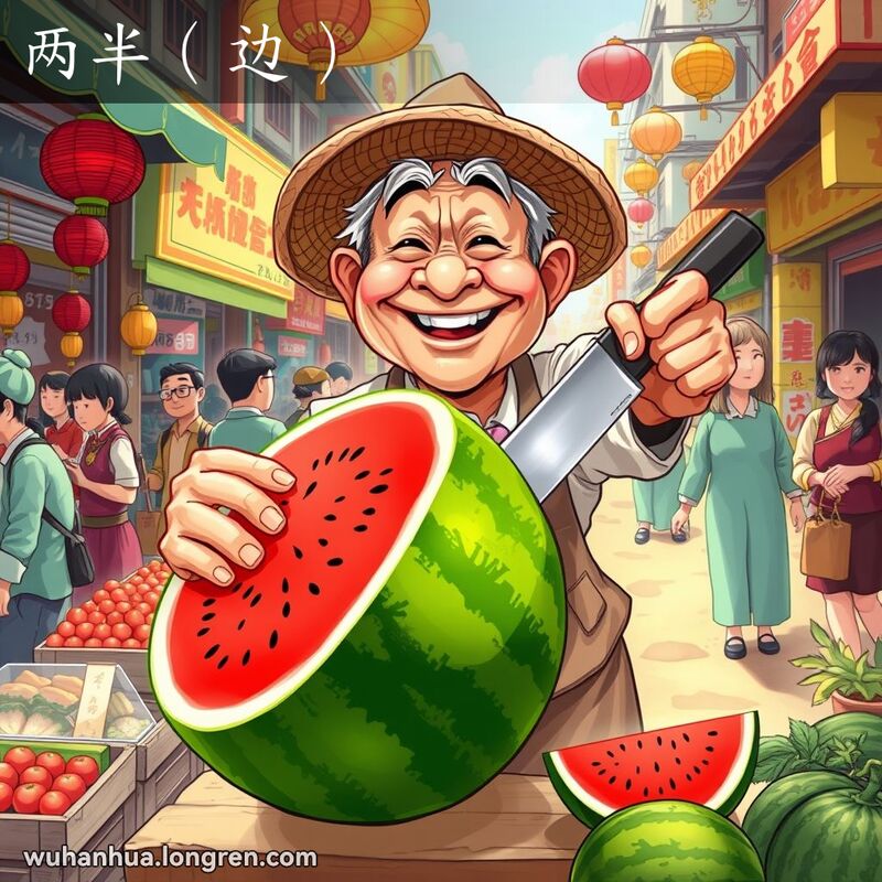 武汉街头市场，摊贩切开西瓜，展示两半，背景是热闹的市场和街景