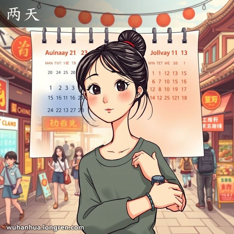 一位年轻女子在武汉街头看手表，背景是繁忙的街景和标注两天的日历