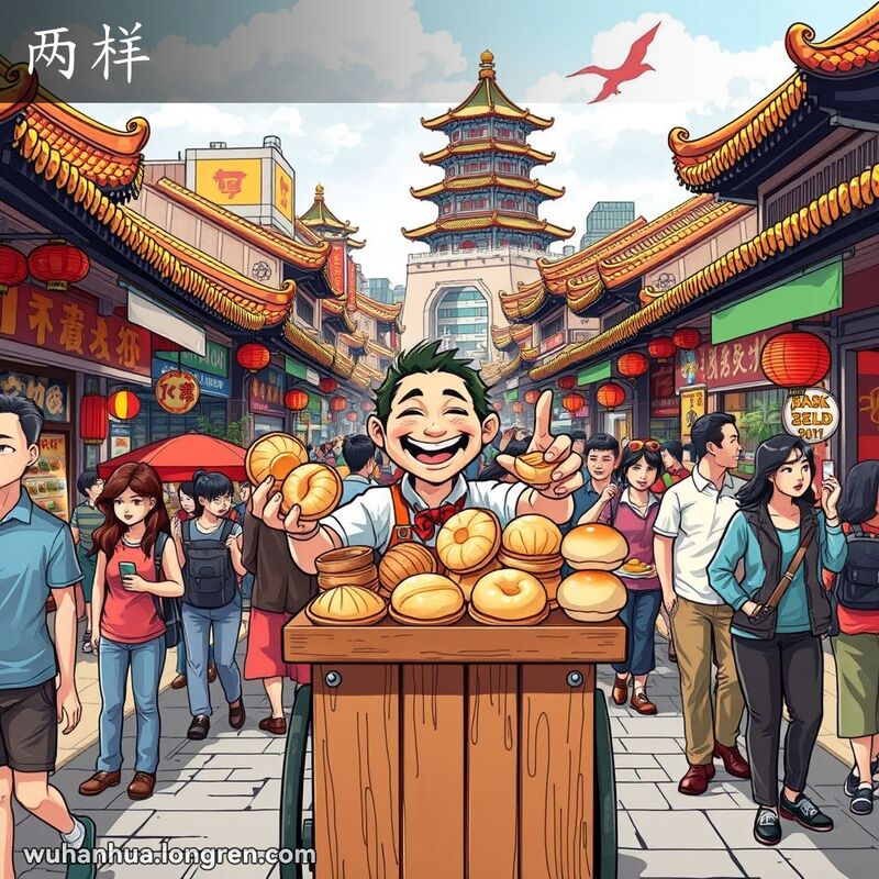 武汉街头市场，摊贩展示两种点心，顾客好奇地指着点心，背景是繁忙的市场和黄鹤楼