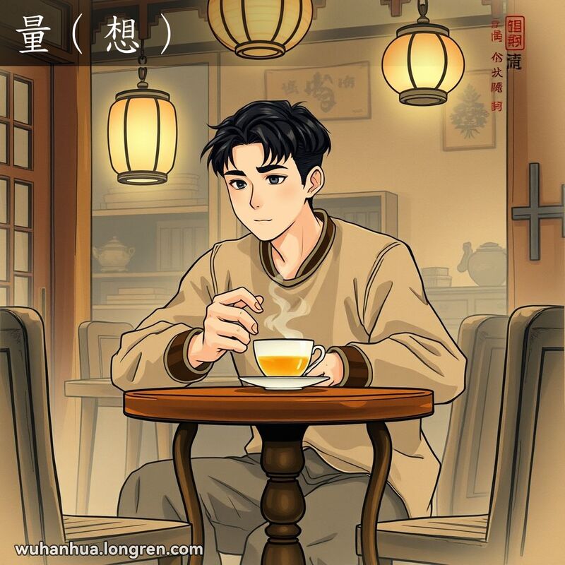 一位年轻男子在武汉传统茶馆深思，表现“量（想）”的含义。