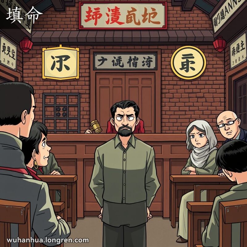 一个传统的武汉法庭场景，法官严肃地坐在前面，被告人站在中间，面对法官，表情担忧。被告人的家属坐在旁听席上，神情焦虑。背景是武汉老街景，有红砖墙和旧式招牌。