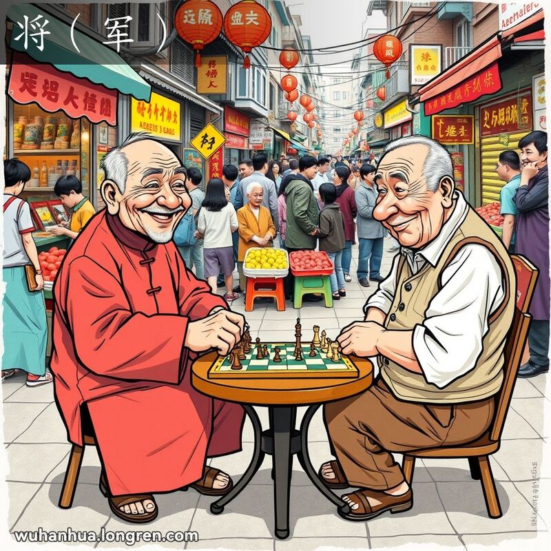 两位武汉老人在街边下象棋，一人将军，对方露出惊讶表情，背景是热闹的武汉街头市场。