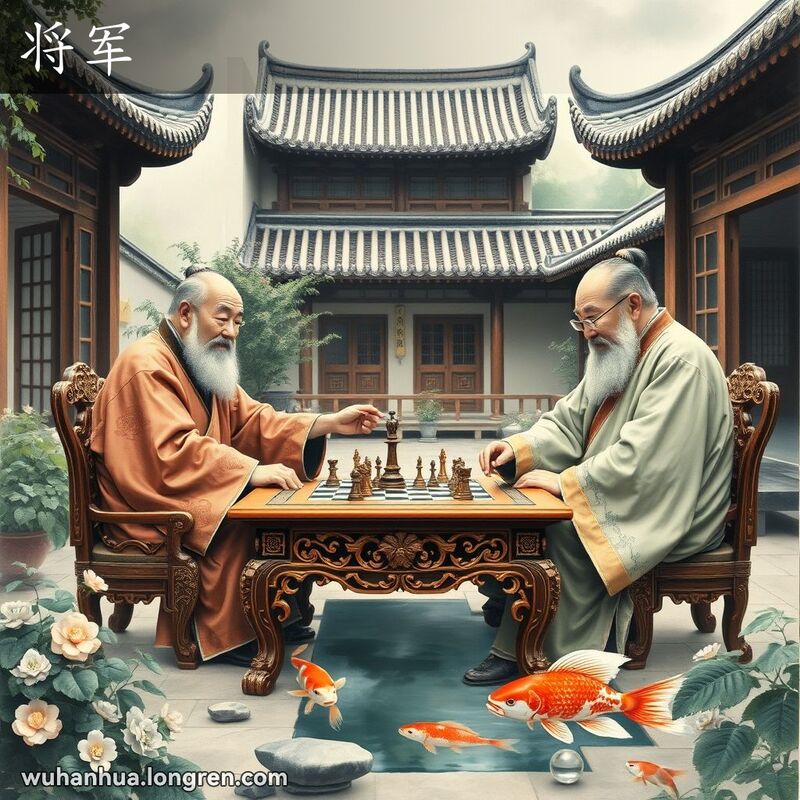 两位老人在古典庭院中下象棋，一位老人手持“将”棋子，背景有传统建筑和锦鲤池塘