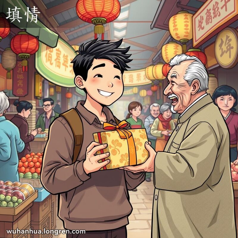 一位武汉年轻人在市场中递送礼物给老人，背景是热闹的市场摊位