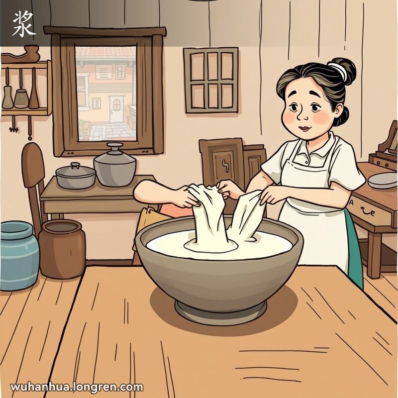 一位中年妇女在厨房用浆液浸泡布料，背景是老式厨房用具和武汉小巷