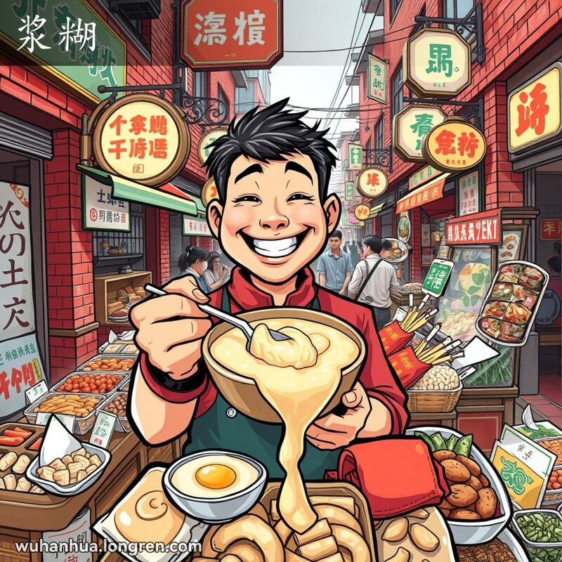 武汉街头市场，摊贩手持一碗粘稠的米糊，背景有其他摊贩和老式招牌