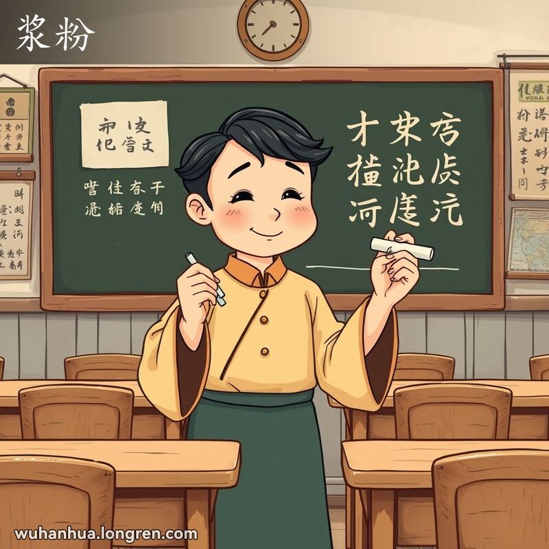 一位穿着传统中式服装的老师在教室里用粉笔在黑板上写字，背景是老式教室。