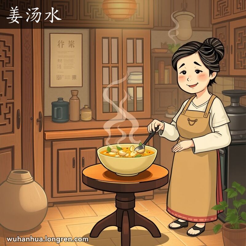一位中年妇女在传统厨房里煮姜汤水，锅里有姜片、糖和胡椒，背景是武汉老房子，画面温馨。