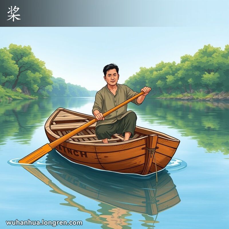 一位武汉市民在河上划船，手持木制桨，背景是宁静的河流风景