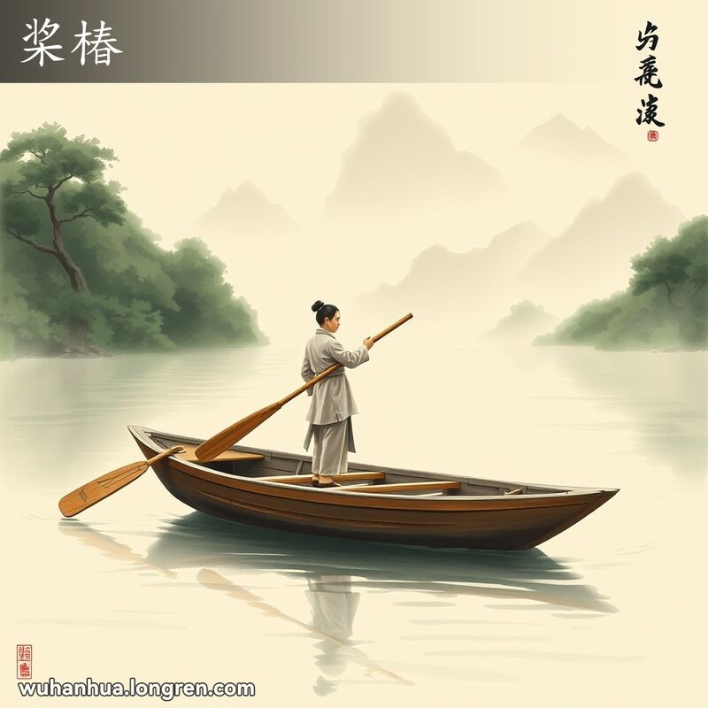 一艘传统木船在河上漂浮，船上有人手持船桨，桨插在桨椿中，背景是宁静的河流风景。
