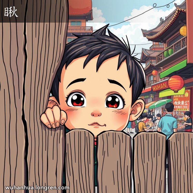 一位武汉孩子透过木栅栏缝隙偷看，眼神好奇专注，背景是武汉街景