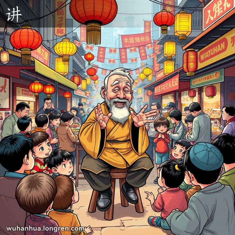 武汉街头市场上，一位老故事讲述者正在向围绕在他身边的孩子们和成年人讲述故事，背景有小吃摊和灯笼。