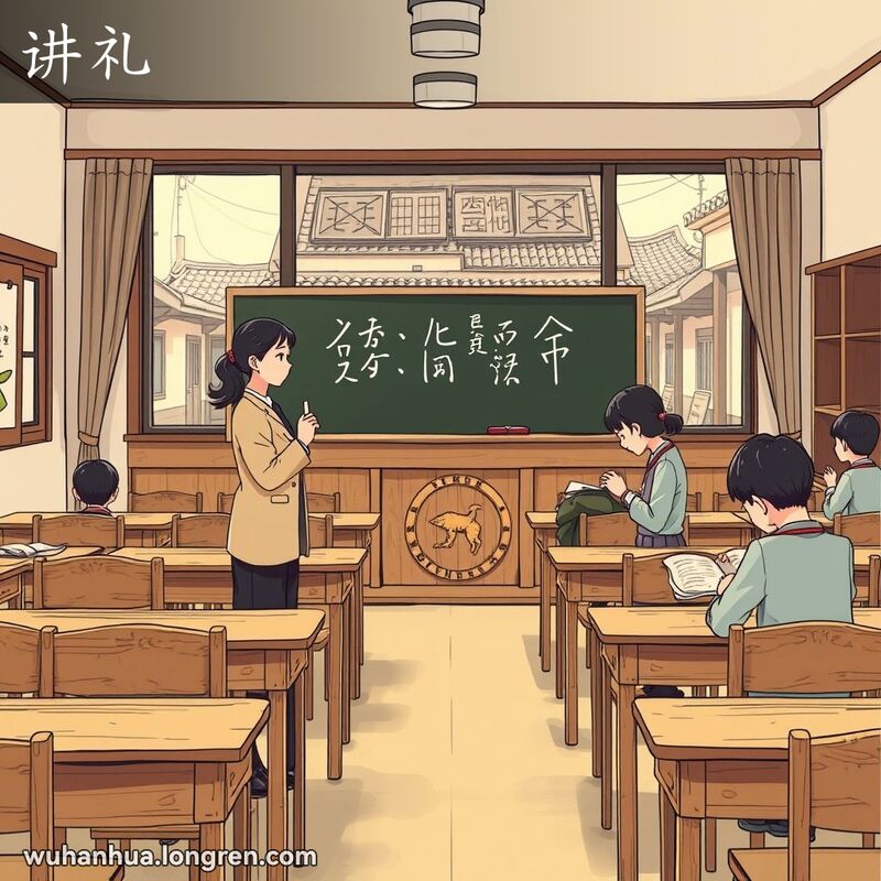 一位武汉学生在课堂上向老师行礼，表现出“讲礼”的尊重和礼貌，背景是传统的武汉教室。