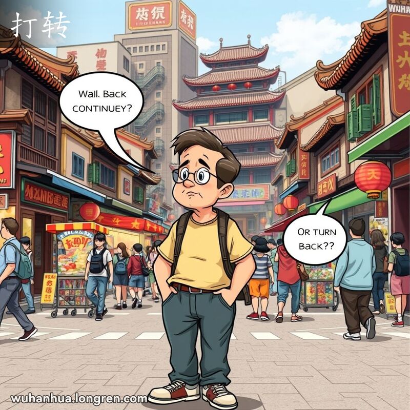 一位中年男子站在武汉街头十字路口，环顾四周，准备返回，背景是热闹的老街景