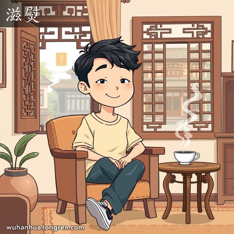 一位年轻的武汉市民坐在传统木椅上，神情轻松愉悦，微笑着表达出满足和舒适的感觉，背景是武汉老街景