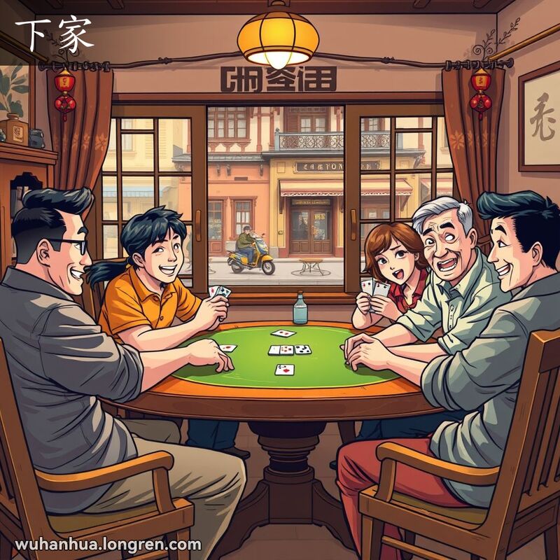 一群朋友在武汉传统房间里玩扑克牌，一个玩家指向下一个轮到的玩家，背景是武汉老街景