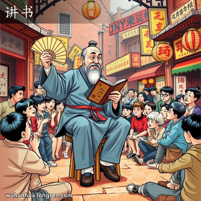 一位传统说书人在市场上向观众讲述故事，背景是武汉老街景