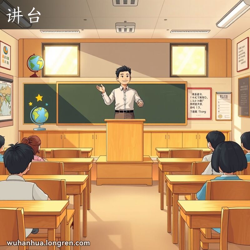 教室内，老师站在讲台上，手持粉笔指着黑板，学生们坐在座位上认真听讲。