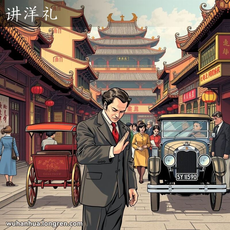 一个穿西装的男子在武汉老街上鞠躬握手，背景有黄包车和老爷车