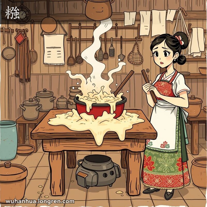 一位妇女在传统武汉厨房中，看着沸腾溢出的稀饭，表情担忧，背景是老式厨房用具和装饰。