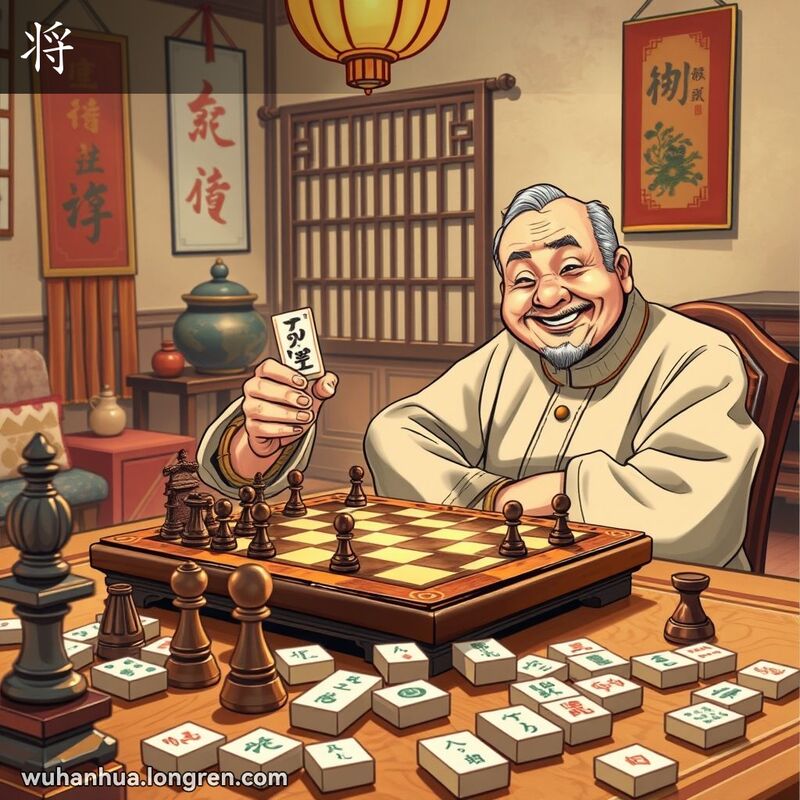 一位武汉老人坐在棋盘前，手持象棋中的“将”棋子，背景是麻将桌，桌上散落着麻将牌，突出了两张相同的麻将牌。