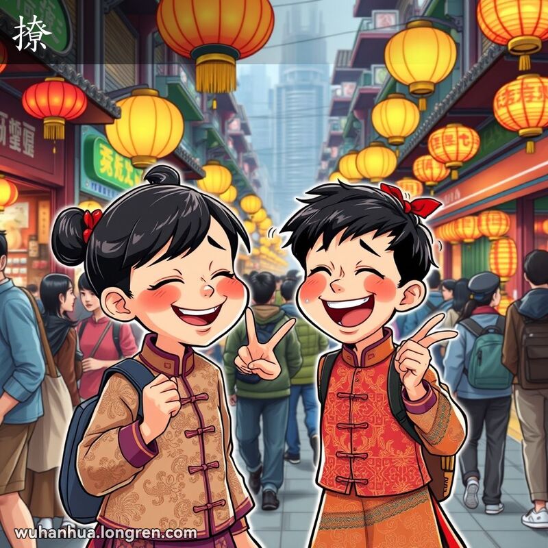 一位穿着传统服饰的武汉女孩正在逗弄一个男孩，男孩笑得眼泪都出来了，背景是武汉热闹的街市景象。