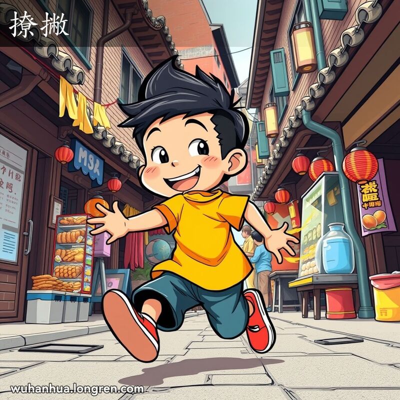 一位调皮的武汉小男孩在巷子里跑动，回头看，脸上带着顽皮的笑容，背景是武汉老街景