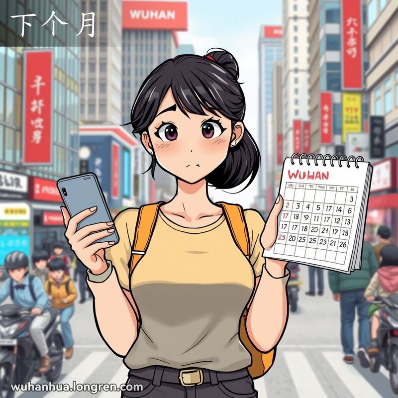 一位年轻的武汉女性站在城市街道上，手持智能手机和日历，指向下个月，表情若有所思，背景是繁忙的都市景象。
