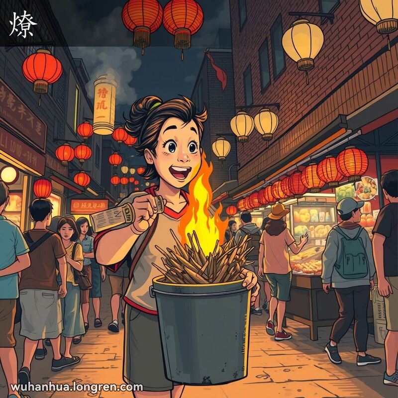 武汉夜市中，一位中年妇女用报纸火把迅速点燃枯叶和树枝，背景是老街市景象