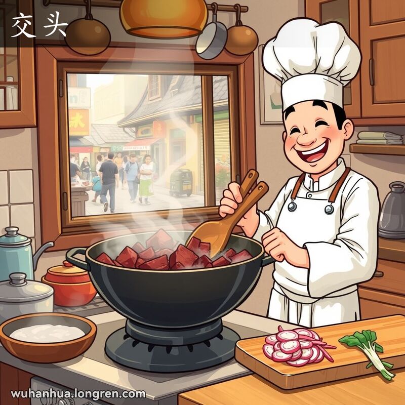 一位厨师在厨房中烹饪牛肉，旁边准备好的萝卜片即将被加入锅中，体现了武汉方言“交头”的语义。