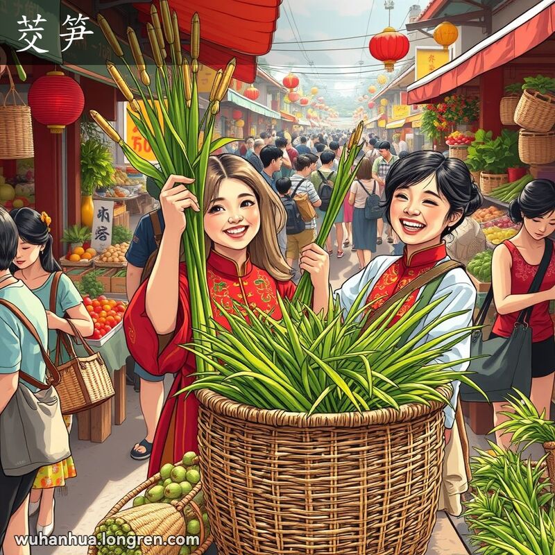 武汉市场上一位妇女手持茭笋，背景是热闹的市场摊位和购物的市民