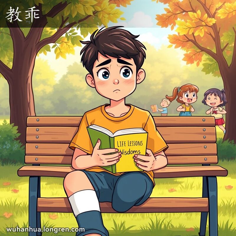 一位年轻人坐在公园长椅上，膝盖上贴着创可贴，手拿《人生教训》，表情若有所思，背景是孩子们嬉戏玩耍的场景