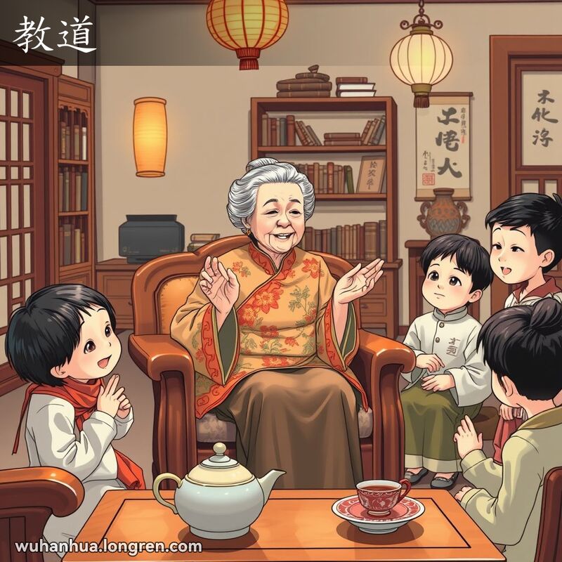 一位慈祥的老奶奶在传统武汉家庭中向孙辈们讲述故事，背景有书架和茶具，画面温馨。