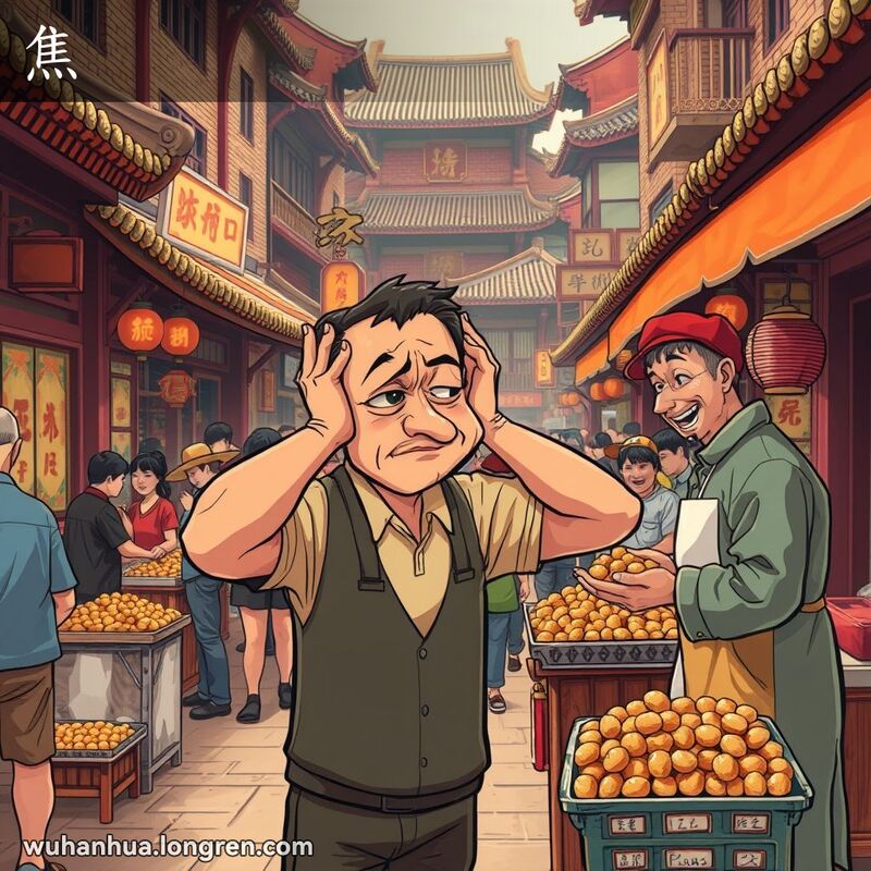 一位武汉男子在街边焦急地来回踱步，背景是忙碌的武汉老街景和小摊贩