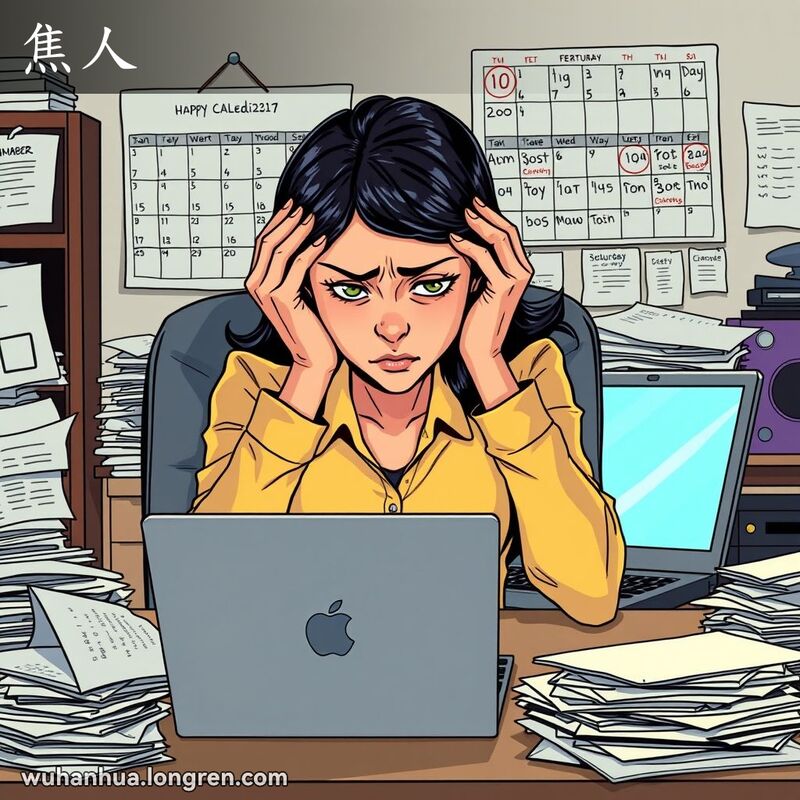 一位年轻女性坐在办公桌前，双手抱头，脸上露出焦急和紧张的表情，背景是凌乱的办公环境。