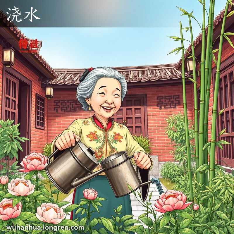 一位穿着传统服装的武汉老奶奶在花园里给花草树木浇水，背景是武汉庭院。