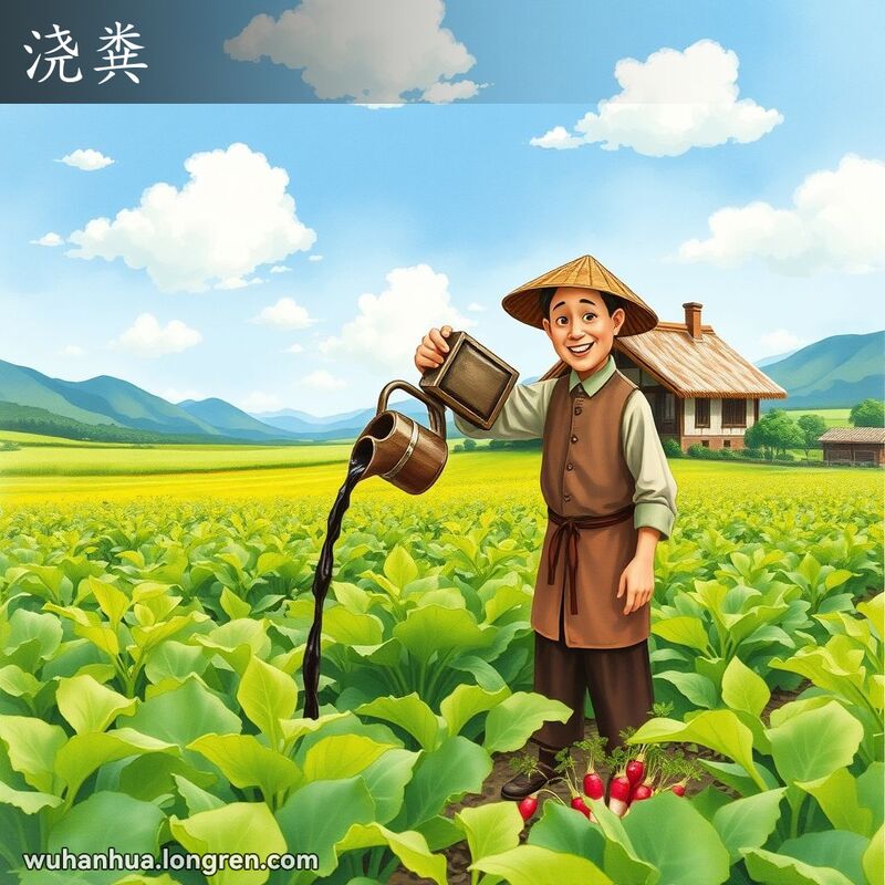 一位农民在菜地里用水壶浇灌蔬菜，背景是蓝天和传统农舍