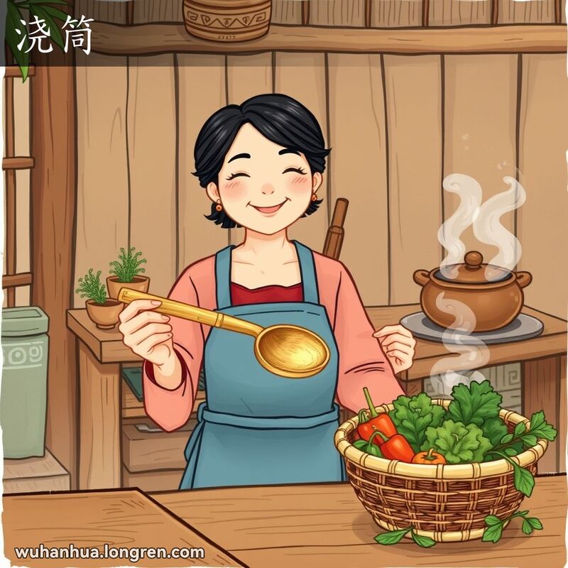 一位中年妇女在传统中式厨房中，手持竹筒制成的舀子，背景有炉子上的砂锅冒着热气