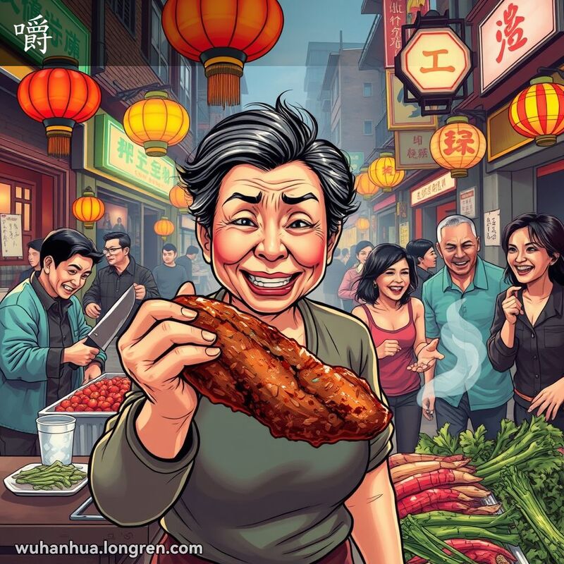 一位中年妇女在武汉街市上咀嚼难吃的肉，背景有红灯笼和老式建筑
