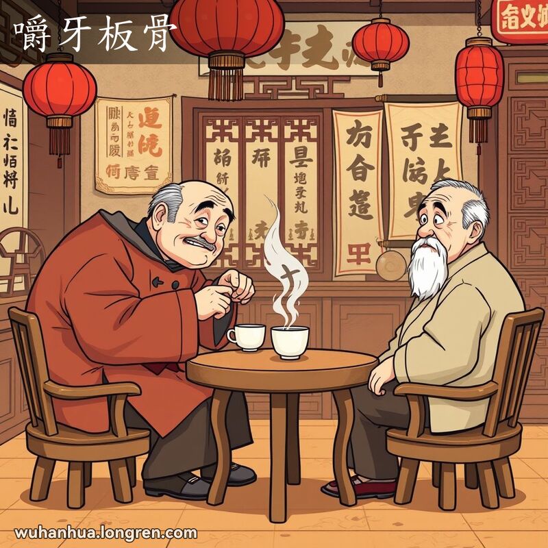 一群武汉老人在茶馆里，一位老人低声耳语，另一位老人挑眉斜视，背景有红灯笼和书法挂轴