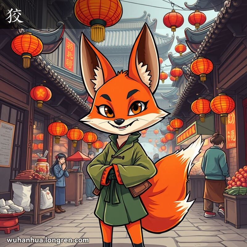 一只狡猾的狐狸站在武汉市场中，背后藏着偷来的东西，背景是老街市场景象。