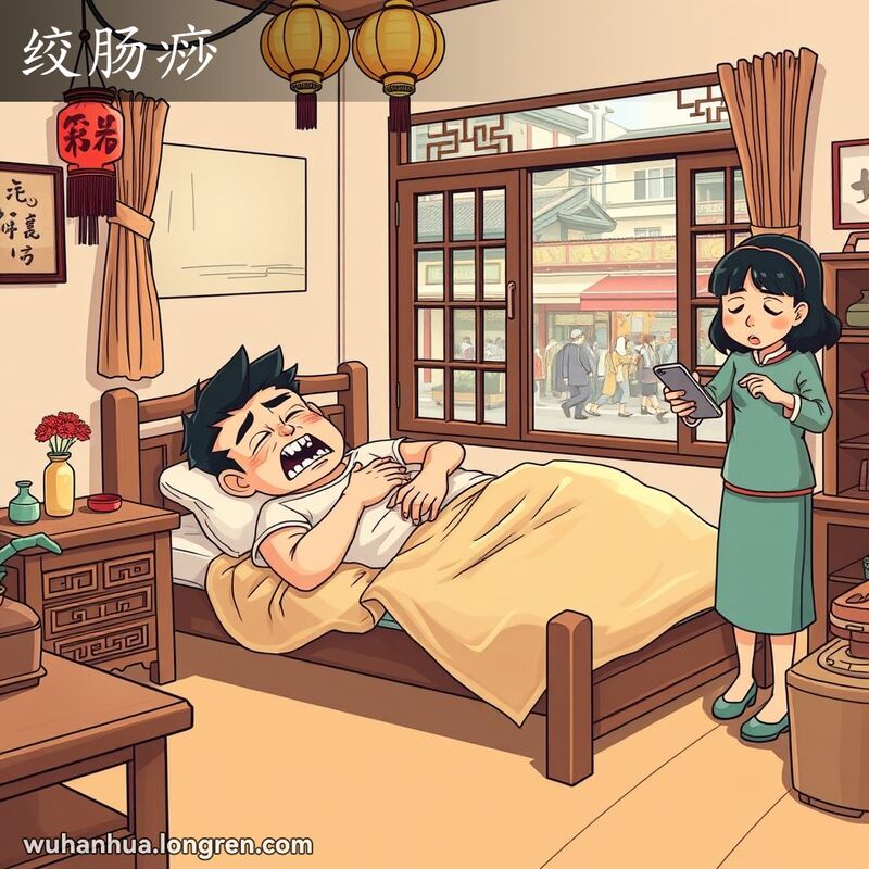 一位武汉市民躺在床上，捂着肚子，面露痛苦的表情，背景是武汉家庭场景